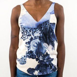 Tibi Silk Tank Top 2  Floral Watercolor Print Blouse Blue